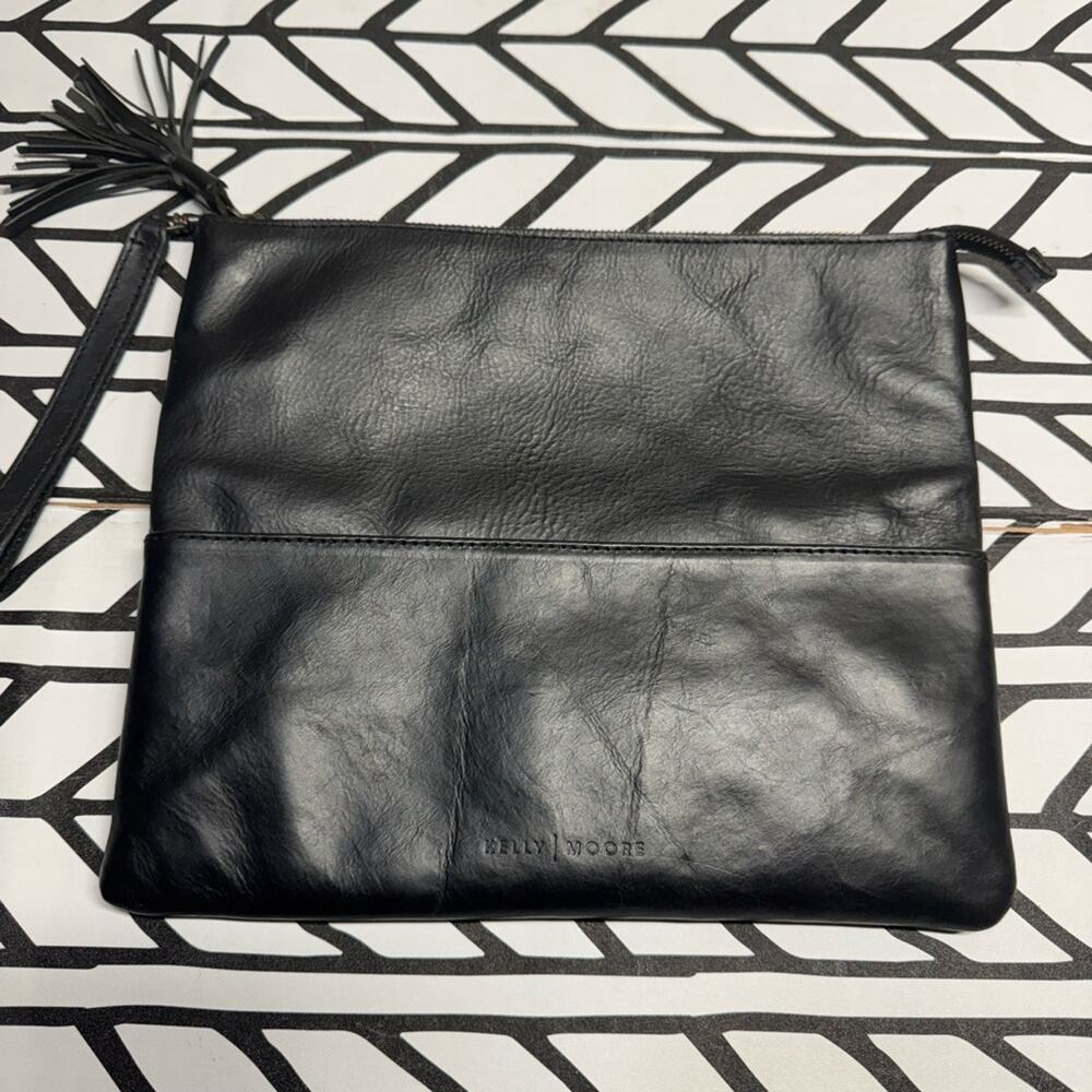 Kelly Moore Black Leather Clutch with tassel zip